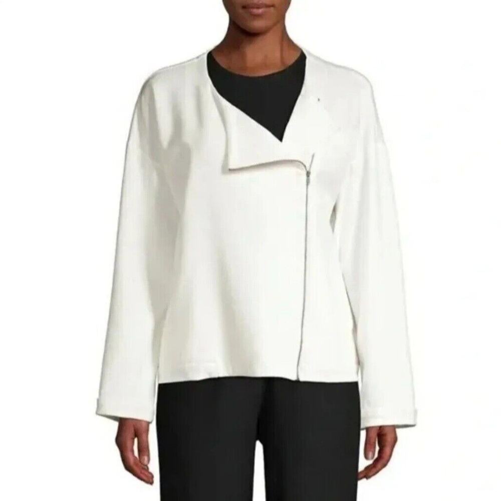 Women Eileen Fisher Ivory Ponte Knit Moto Jacket Blazer L Scandi Modern Minimal